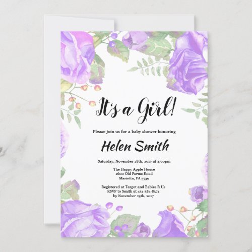 Its A Girl Purple Floral Baby Shower Invitation