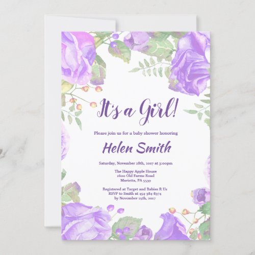 Its A Girl Purple Floral Baby Shower Invitation