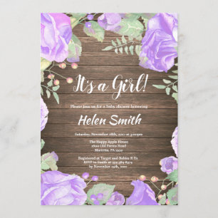 It's A Girl Purple Floral Baby Shower Rustic Wood Invitation