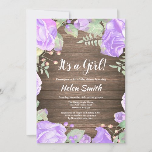 Its A Girl Purple Floral Baby Shower Rustic Wood Invitation