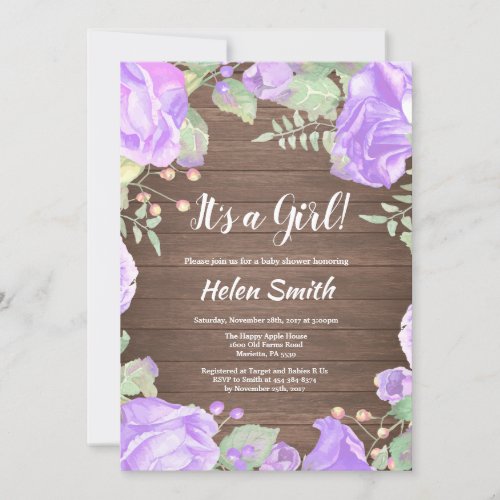 Its A Girl Purple Floral Baby Shower Rustic Wood Invitation
