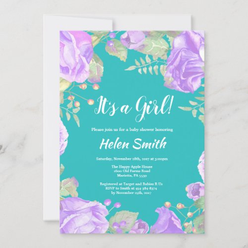 Its A Girl Purple Floral Baby Shower Teal Invitation