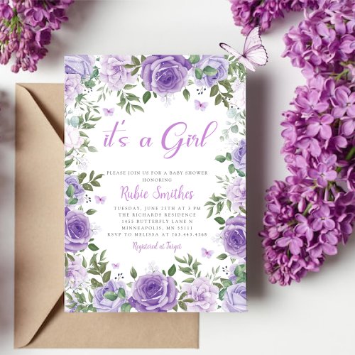 Its A Girl Purple Floral Butterfly Baby Shower Invitation