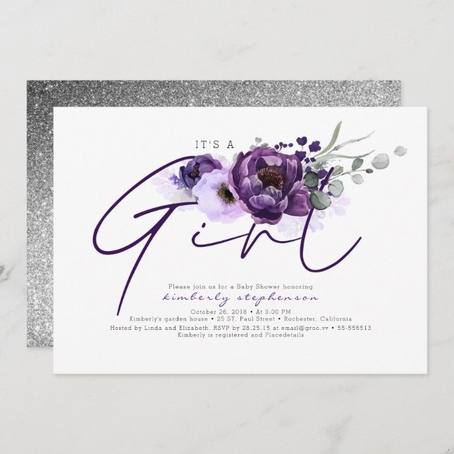 It's A Girl Purple Flowers Baby Shower Invitation (Front/Back)