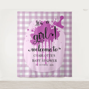 It's a Girl! Purple Gingham Baby Shower Backdrop