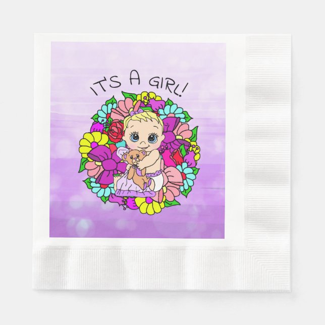 It's a Girl, Purple Girl's Baby Shower Caucasian Napkins (Front)