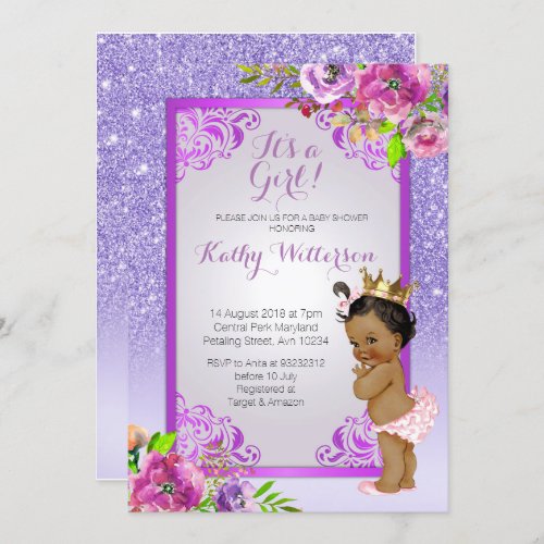 Its a girl Purple Gold Baby Shower Invite
