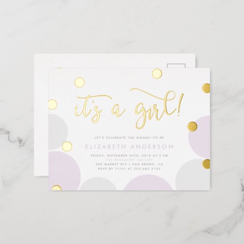 Its a Girl  Purple  Gold Confetti Baby Shower Foil Invitation Postcard