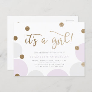 It's a Girl! Purple & Gold Confetti Baby Shower Invitation Postcard