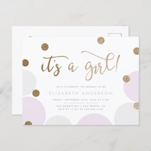 Its a Girl  Purple  Gold Confetti Baby Shower Invitation Postcard