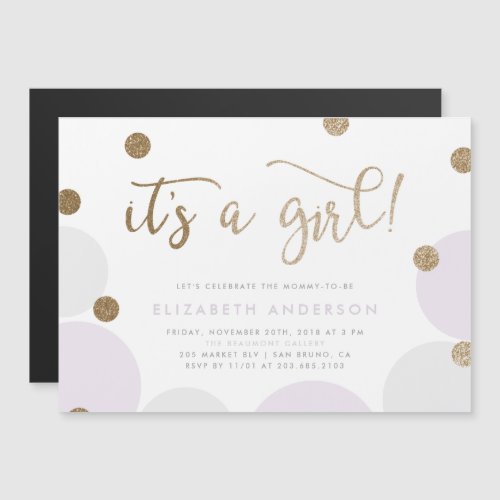 Its a Girl  Purple  Gold Confetti Baby Shower Magnetic Invitation