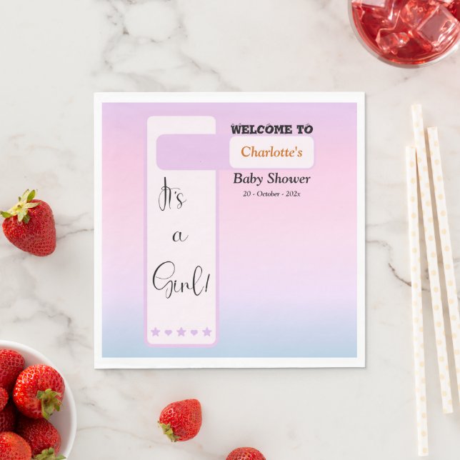 It's A Girl! Purple Gradient Cute Baby Shower Napkins (Insitu)
