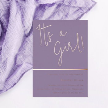 Its A Girl! Purple Lavender Baby Shower Rose Gold Foil Invitation by Nicheandnest at Zazzle