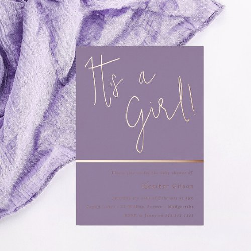 Its a Girl Purple Lavender Baby Shower Rose Gold Foil Invitation