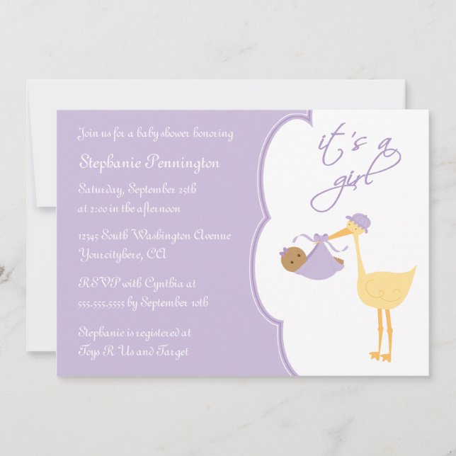 It's a girl purple stork baby shower invitation (Front)