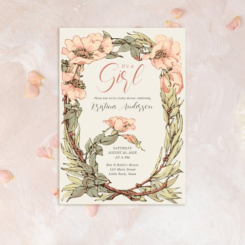 Its a Girl QR Code Pink Roses Baby Shower  Invitation