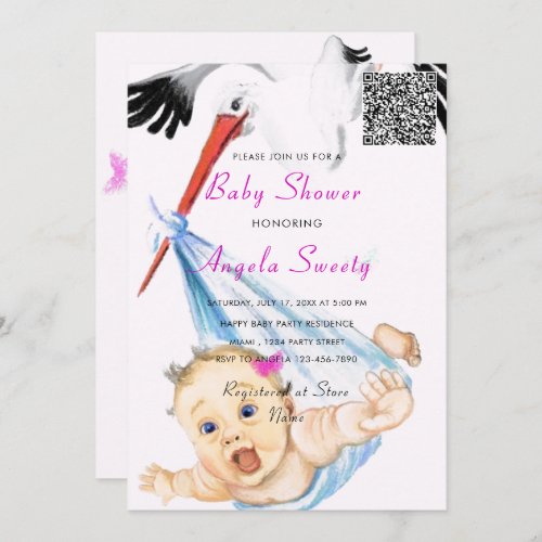 Its a Girl QR Code Stork and Baby Shower Invite