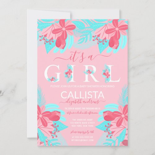 Its a Girl Quote Pink Teal Floral Baby Shower Invitation