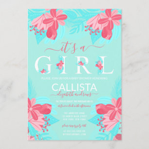 It's a Girl Quote Pink Teal Floral Baby Shower Invitation