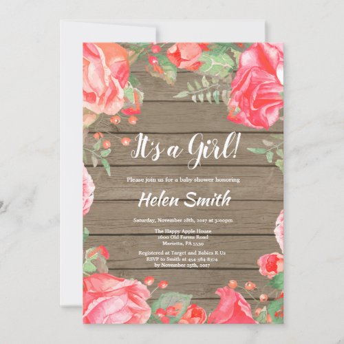 Its A Girl Red Floral Baby Shower Rustic Wood Invitation