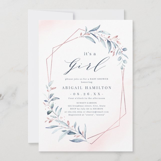 It's a Girl rose gold Blue Greenery Baby Shower Invitation (Front)