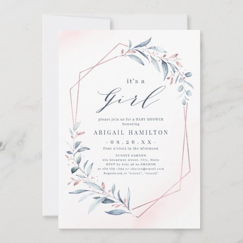 Its a Girl rose gold Blue Greenery Baby Shower Invitation