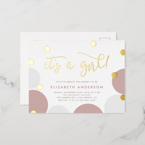 Its a Girl  Rose  Gold Confetti Baby Shower Foil Invitation Postcard