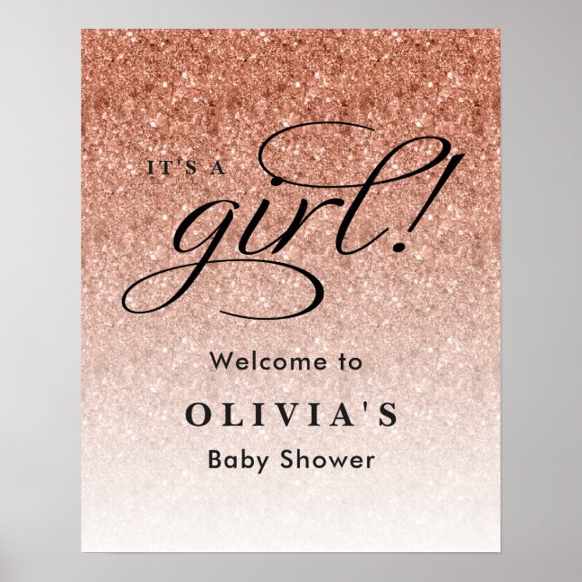 It's a Girl, Rose Gold Glitter Baby Shower Welcome Poster (Front)