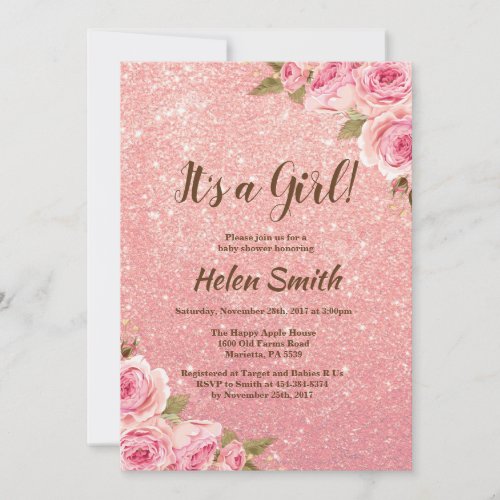 Its A Girl Rose Gold Glitter Floral Baby Shower Invitation