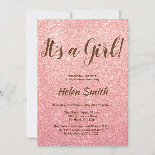 Its A Girl Rose Gold Pink Glitter Baby Shower Invitation