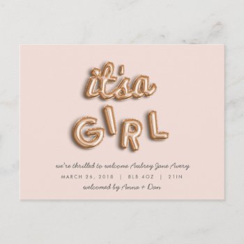 Its A Girl! Rose Gold/pink Postcard. Announcement Postcard by Stacy_Cooke_Art at Zazzle