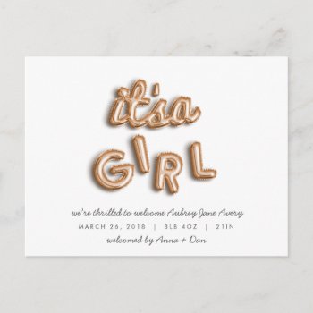 Its A Girl! Rose Gold Postcard. Announcement Postcard by Stacy_Cooke_Art at Zazzle