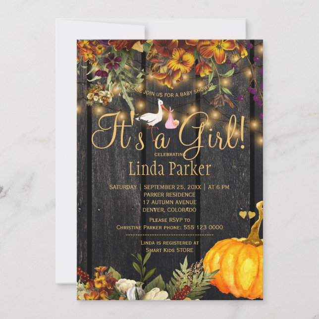 It's a girl rustic fall pumpkin baby girl shower invitation (Front)