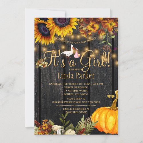 Its a girl rustic fall sunflower baby girl shower invitation