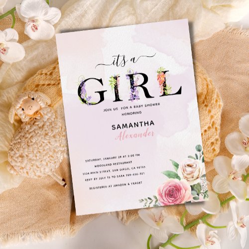 its a girl rustic floral baby shower invitation