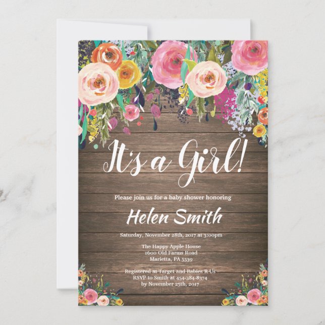 It's A Girl Rustic Floral Baby Shower Invitation (Front)