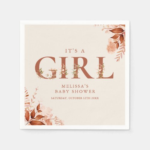 Its A Girl Rustic Floral Letter Baby Shower Napkins