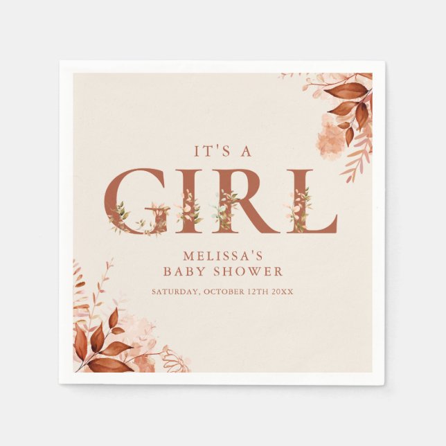 Its A Girl Rustic Floral Letter Baby Shower Napkins (Front)
