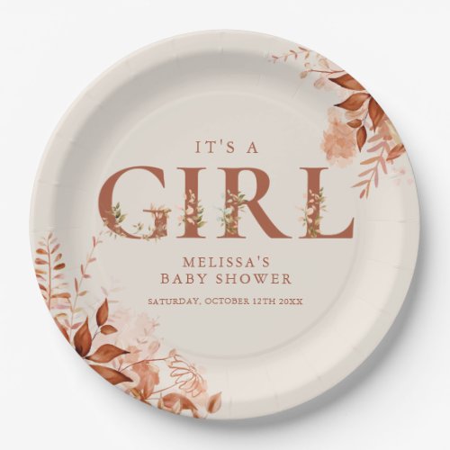 Its A Girl Rustic Floral Letter Baby Shower Paper Plates