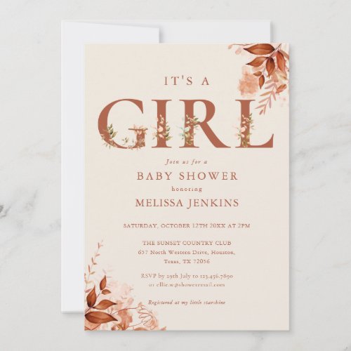 Its A Girl Rustic Floral Letter Fall Baby Shower Invitation