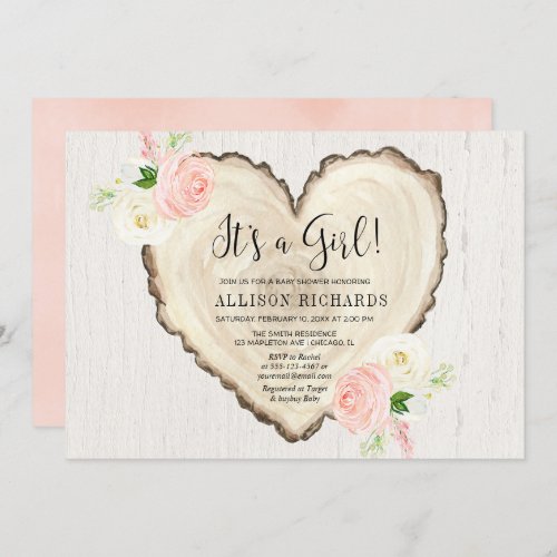 Its a girl rustic floral valentines heart shower invitation