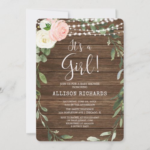 Its a Girl Rustic lights pink greenery shower Invitation