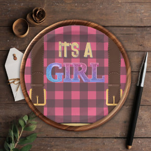 It's a girl Rustic Lumberjack Flannel Baby Shower  Paper Plates
