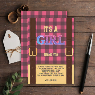 It's a girl Rustic Lumberjack Flannel Baby Shower  Thank You Card