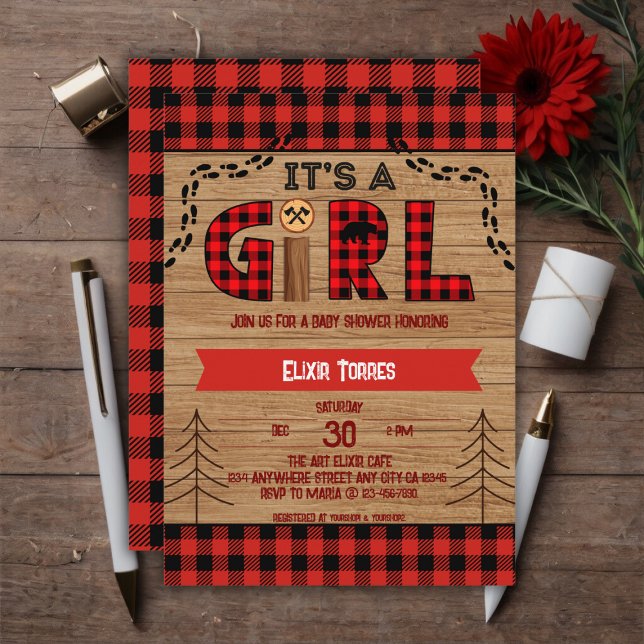 It's a Girl Rustic Wood Plaid Baby Shower Invitation (Creator Uploaded)