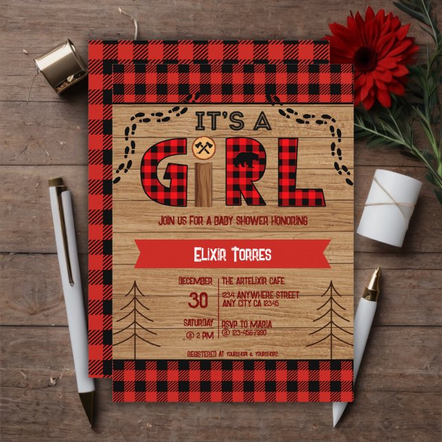 It's a Girl Rustic Wood Plaid Baby Shower Invitation (Creator Uploaded)