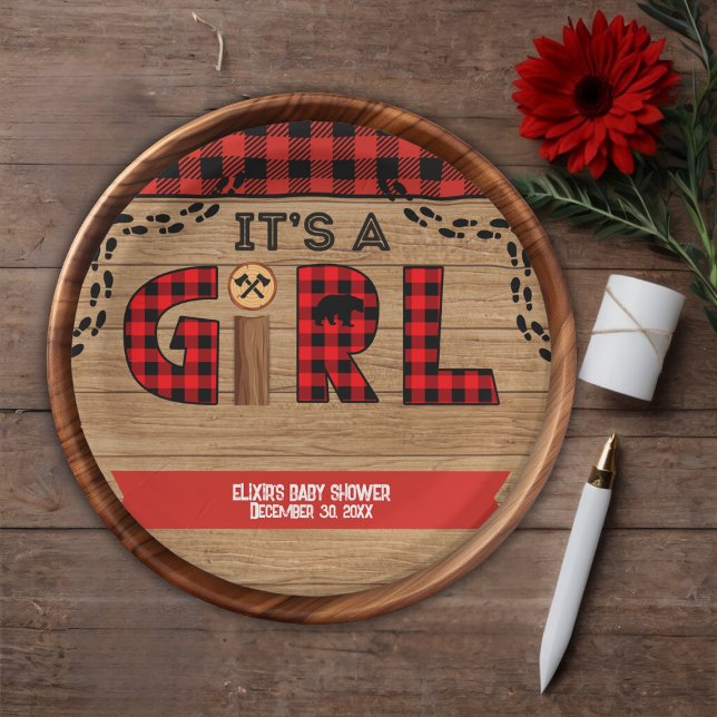 It's a Girl Rustic Wood Plaid Baby Shower Paper Plates (Creator Uploaded)