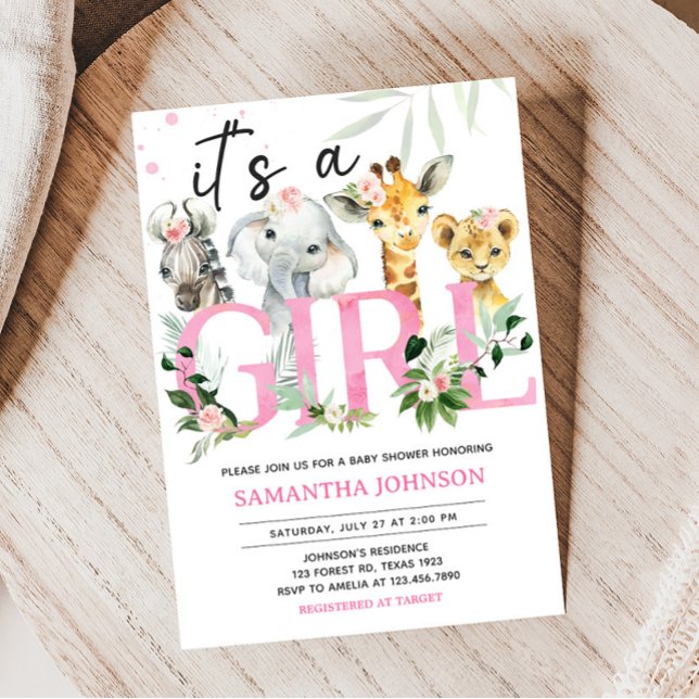 It's A Girl Safari Animals Baby Shower Invitation (Pink Floral Jungle Safari Baby Shower Invitation)