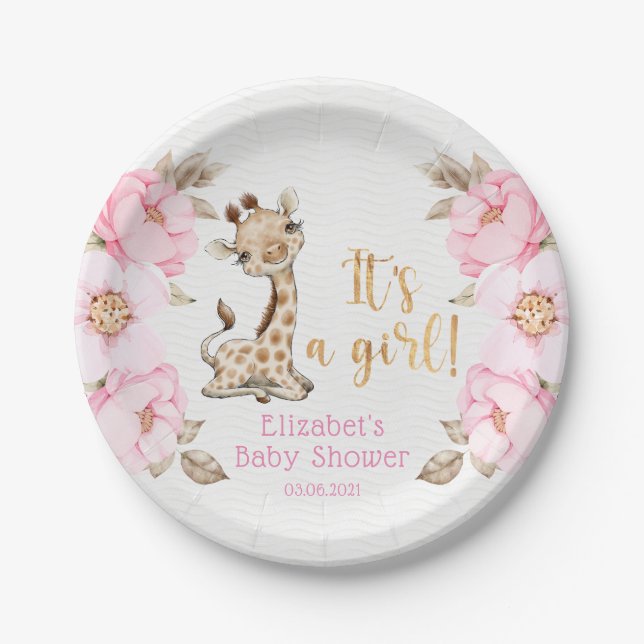 It's a Girl! Safari Animals Baby Shower Paper Plates (Front)