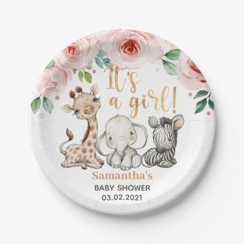 Its a Girl Safari Animals Baby Shower Paper Plates